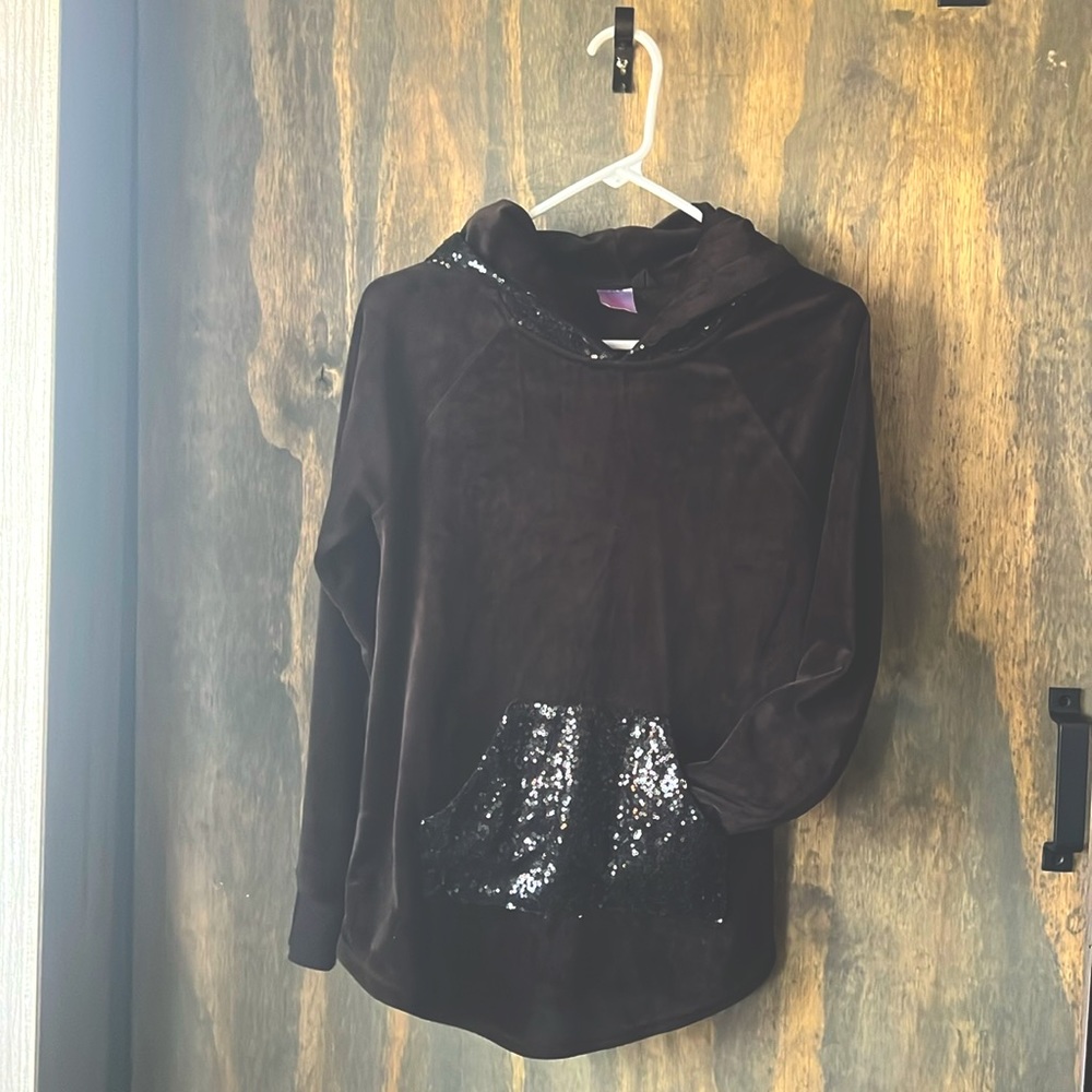 No Boundaries Black Pullover Warm Up w/ sequined Hoodie and Centered Pocket.